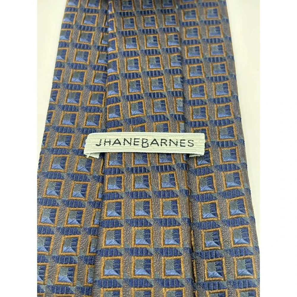 Jhane Barnes Mens Silk Necktie Navy Blue Bronze Geometric Square Pattern Tie